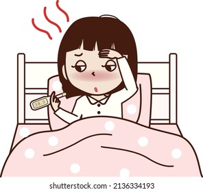 A young woman with a fever who goes to bed and has a thermometer.