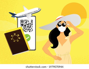 Young woman with ffp2 mask wearing summer clothes and sunglasses. Traveler in holidays. Concept of travel authorization during pandemic with vaccine passport and digital sanitary pass by QR code. 