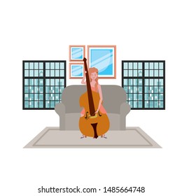 young woman with fiddle on white background