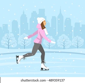 Young Woman Figure Skating On Ice Rink . Cityscape Landscape Background Scene. Winter Fun Sport Activities Vector Illustration