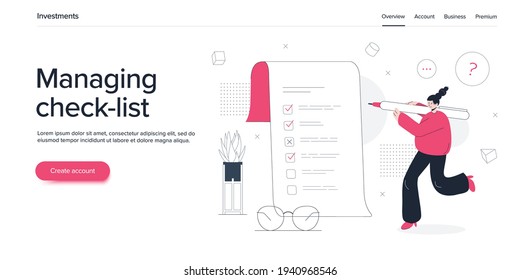 Young woman filling checklist form. Girl character with pen checking list of tasks or survey document. Flat vector illustration. Web banner layout template.