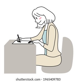 Young woman filling out application form at desk. Happy businesswoman sitting at desk and writing on paper. Cute woman writing at desk. Cheerful female applicant filling out job application form.