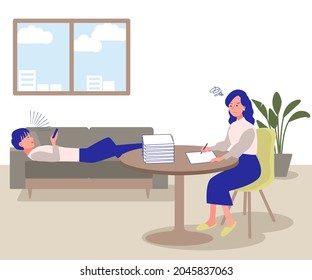 Young woman filling out the documents angry with her husband who can not help me. Vector illustration that can change the color and size.
