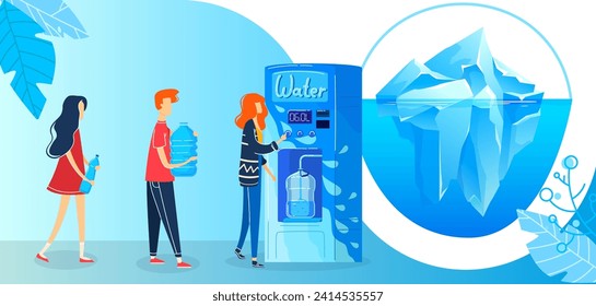 Young woman filling water bottle at cooler, man waiting, ice glacier and purity concept. Eco-friendly hydration and plastic reduction theme vector illustration.