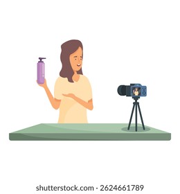 Jovem está filmando seu blog de beleza, apresentando produtos cosméticos
