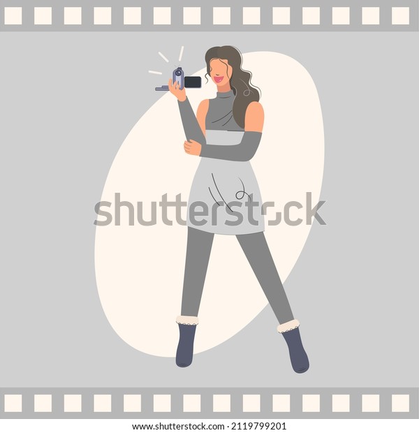A young woman is filming a video on a\
camcorder. A professional cameraman is making a film for a\
television news channel. Girl operator at work. Vector design, flat\
style Modern faceless\
character