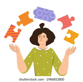 Young woman find solution as fitting together jigsaw puzzle pieces. Mind behavior. Mental health, positive thinking, self healing and care, positive. Psychology concept. Color flat vector illustration