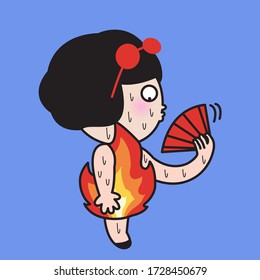 Young Woman In A Fire Shaped Outfit With Excessive Sweating Using Paper Fan To Cool Down Herself During Hot Weather Concept Card Character illustration