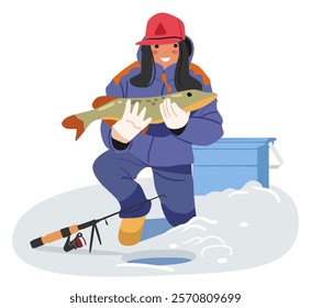 Young woman fisher cartoon character feeling excitement holding caught pike trophy in hand enjoying successful fishing leisure activity during cold winter season vector illustration isolated on white