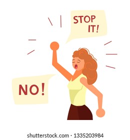 Young woman with fist raised in the air say No. Revolution political protest activism patriotism. Women empowerment movement concept. Flat Art Vector illustration