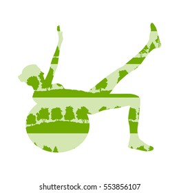 Young woman with fitness ball vector background concept made of forest trees fragments isolated on white