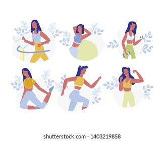 Young Woman Fitness Sports Activity Set Isolated on White Background. Female Character Running, Stretching, Exercise on Fitball in Gym. Healthy Lifestyle, Health Care. Cartoon Flat Vector Illustration