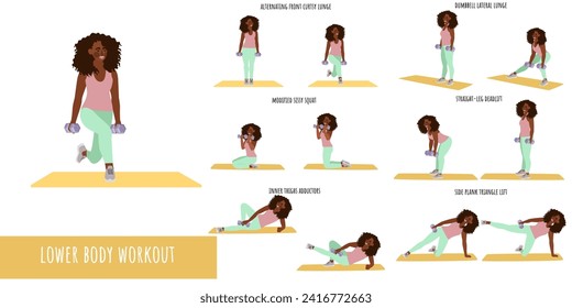 Young woman fitness. Workout Set. Feminism, self acceptance and liberty. Woman active lifestyle. Sport, wellness. Women workout, fitness. Flat vector illustration
