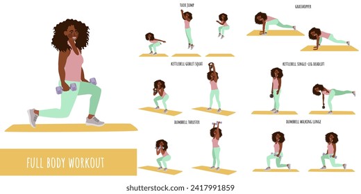 Young woman fitness. Workout Set. Feminism, self acceptance and liberty. Woman active lifestyle. Sport, wellness. Women workout, fitness. Flat vector illustration