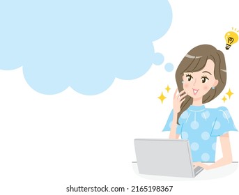 A young woman flashes at a computer screen and a speech bubble