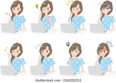 A young woman flashes at a computer screen and a speech bubble