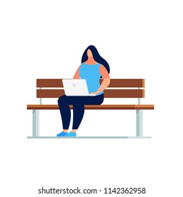Young woman in a flat style using laptop outdoors. Woman with long hair in a casual style clothes sitting on a bench. Isolated on white background. Vector illustration.