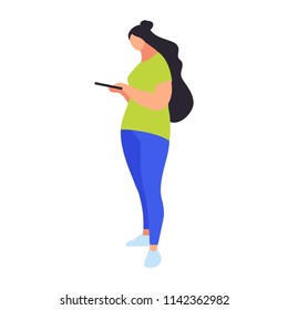 Young woman in a flat style is using tablet. Woman with long dark hair in a casual style clothes isolated on white background. Vector illustration.