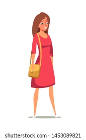 Young woman flat vector character. Female student, smiling fashion model on white background. Teacher, office worker isolated clipart. Girl in casual dress with bag cartoon illustration