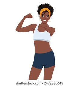 Young woman flexing her bicep and pointing front. Flat vector illustration isolated on white background