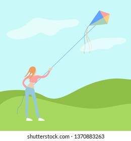 young woman flies a kite on open air with a good weather and wind. . flat modern vector illustration