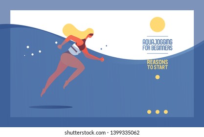 Young Woman With Floating Device Or Belt Doing Aquajogging Or Aqua Jogging Under Water. Blue Gradient Vivid Wave. Bunner Or Landing Page, Good For Pool Courses And Healthy Lifestyle Classes