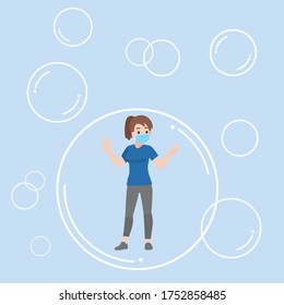 Young woman floating inside the bubble communicate and isolated form another keep social distance for prevent coronavirus, Health care concept.