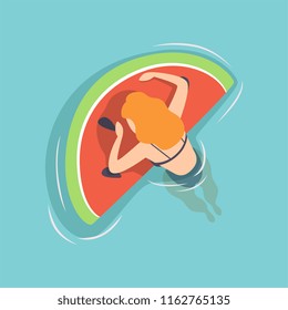 Young woman floating on inflatable mattress in the shape of watermelon in swimming pool, top view vector Illustration