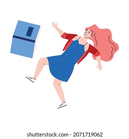 Young woman floating with opened book. Female student or literary fan inspired by love to reading is flying and moving in imagination, dreams. Vector illustration isolated on white