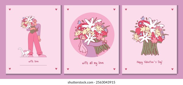 Young woman with floral bouquet smiling. Cat near her feet. Includes isolated flower close-ups. Celebration of Valentine's Day. Stylish vector flat illustration for greeting card.