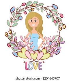 young woman floral frame cartoon
