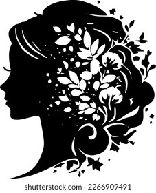 Young woman with Floral hair outline only, silhouette, girl, woman, hairstyle, vector