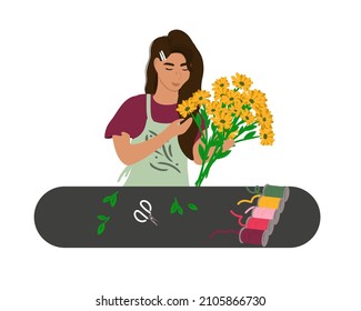 
Young woman florist seller makes a bouquet of yellow daisies or chrysanthemums in a flower shop. Flat vector illustration isolated on white background.