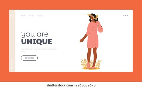 Young Woman With Flower Crown Landing Page Template. Concept For Beauty, Unique Fashion or Designs with Beautiful Female Character in Pink Dress and Floral Wreath. Cartoon People Vector Illustration