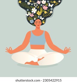 Young woman with flower hair sits in lotus pose of yoga. Free mind concept. Female mental health, blooming brain, positive mind. Girl with head floral wreath. Self care, love, wellbeing. 