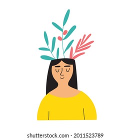 Young woman with flower in her head. Mental health concept. Vector hand drawn illustration on white background.
