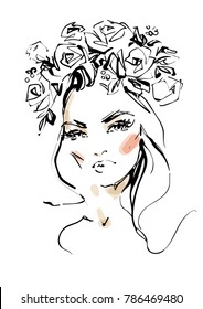 Young woman with flower wreath in hair. sketch fashion illustration