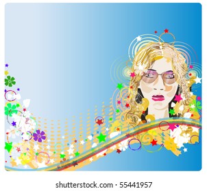 young woman with flowers and abstract lines