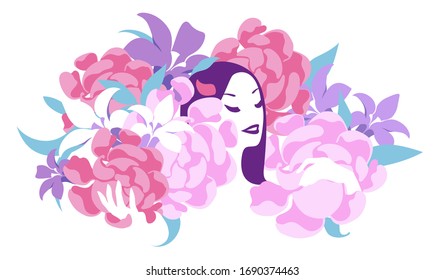 A young woman with flowers around her, vector illustration.