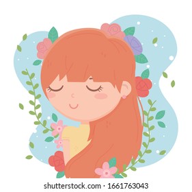 young woman flowers decoration stain blue background cartoon vector illustration