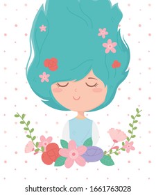young woman flowers in hair frame decoration cartoon vector illustration