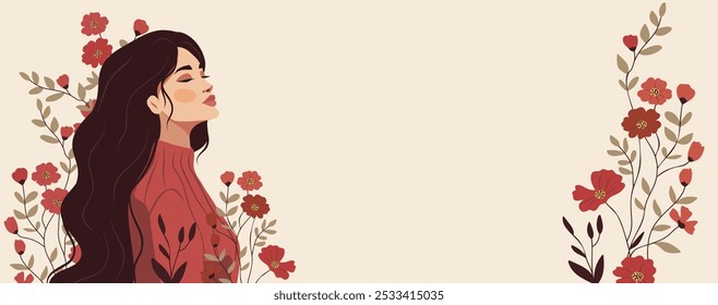 Young woman in flowers. International Women's Day. Vector festive banner postcard March 8 with place for text. Feminism, women's empowerment, gender equality