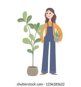 Young woman with flowers in pots isolated on white - female character for eco-friendly and organic concept in flat vector illustration used for magazine, book, poster, card, web pages.