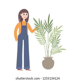 Young woman with flowers in pots isolated on white - female character for eco-friendly and organic concept in flat vector illustration used for magazine, book, poster, card, web pages.