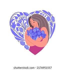 Young woman with flowers. Smiling girl on floral background heart shape. Self care concept. Hand drawn vector decorative illustration in trendy flat style.
