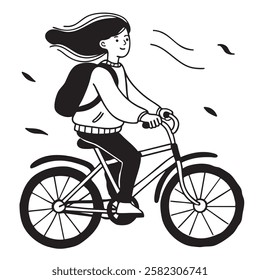 A young woman with flowing hair rides a bicycle with a backpack. The wind blows through her hair as she enjoys the ride. Minimalist black-and-white illustration.