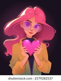 Young woman with flowing pink hair, wearing round glasses and a stylish jacket. Glowing pink heart in her hands. Valentines Day. Love and romantic. Greeting card design. Cartoon vector illustration