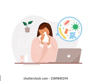 Young woman with flu sitting at laptop in office until late and blowing her nose with microorganisms image. Flat  trendy style.Vector illustration character icon. Sick office worker concept. 