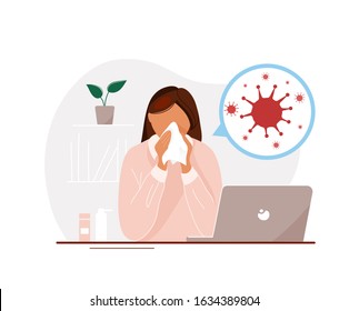 Young woman with flu symptoms sitting at laptop in office and blowing her nose with coronavirus close-up image. Flat  trendy style. Vector illustration character icon.