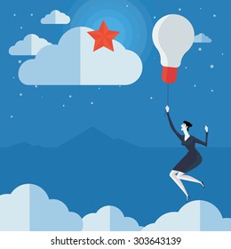 Young woman flying in air balloon with light bulb see the stars. Vector Illustration Business concept a ladder Corporate of success.